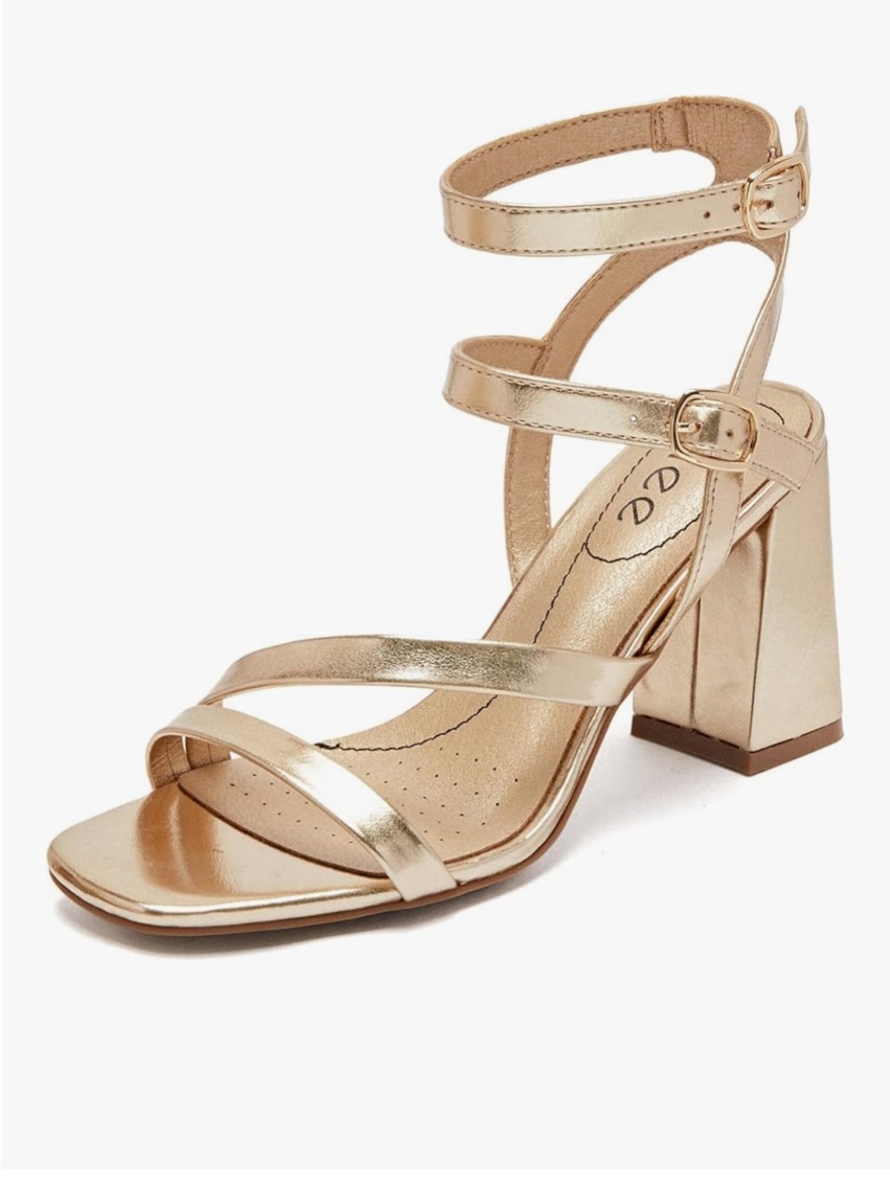 Metallic Gold Strappy Block Heel Sandals with Double Ankle Buckles